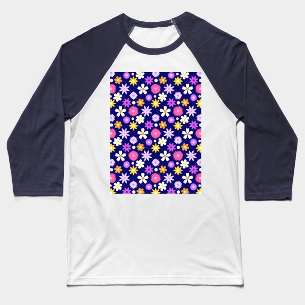 70s Style Retro Flower Pattern Color on Blue Baseball T-Shirt by NataliePaskell